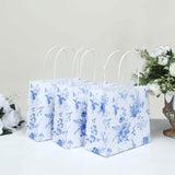 12 Pack White Blue Paper Gift Bags With Handles in French Toile Pattern