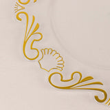 10 Pack Clear Gold European Style Disposable Dinner Plates Vintage Baroque With Scalloped Rim