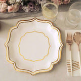 25 Pack | White/Gold 10inch Scallop Rim Dinner Party Paper Plates, Disposable Plates