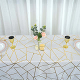 60"x102" White Rectangle Polyester Tablecloth With Gold Foil Geometric Pattern