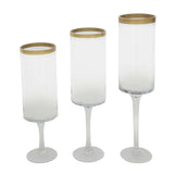 Set Of 3 | Clear Gold Rimmed Long Stem Glass Hurricane Candle Stands