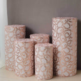 Set of 5 Rose Gold Sequin Mesh Cylinder Pedestal Pillar Prop Covers with Leaf Vine Embroidery