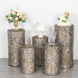 Set of 5 Black Wave Mesh Cylinder Pedestal Stand Covers with Embroidered Sequins, Premium Pillar