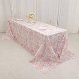 90x156inch White Pink French Toile Polyester Tablecloth, Seamless Floral Rectangle Table Cover