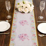 11x108inch White Pink Non-Woven Peony Floral Table Runner with Gold Edges, Spring Summer Kitchen