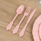 72 Pack Dusty Rose Plastic Silverware Set in Baroque Style, Heavy Duty Disposable Forks