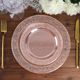 10 Pack | 10inch Blush / Rose Gold Hammered Design Plastic Dinner Plates With Gold Rim