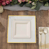 10 Pack - 10inch Gold Trim White Square Plastic Disposable Dinner Plates