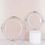 10 Pack | 10inch Clear Silver Leaf Embossed Baroque Plastic Dinner Plates