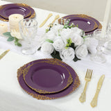 10-Pack Plastic 10inch Round Dinner Plates in Purple with Gold Leaf Embossed Rim Disposable Vintage