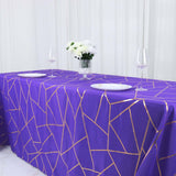 90Inchx132Inch Purple Rectangle Polyester Tablecloth With Gold Foil Geometric Pattern