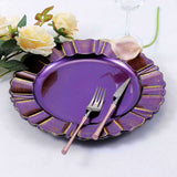 6 Pack | 13inch Round Purple Acrylic Plastic Charger Plates With Gold Brushed Wavy Scalloped Rim