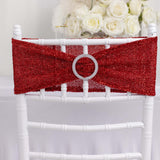 5 Pack Red Shimmer Tinsel Spandex Stretch Chair Sashes With Round Silver Rhinestone Chair Buckles