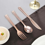 24 Pack | Rose Gold Hammered Style 7inch Heavy Duty Plastic Forks, Plastic Silverware