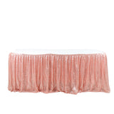 17ft Glitzy Blush / Rose Gold Sequin Pleated Satin Table Skirt With Top Velcro Strip