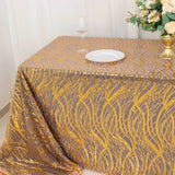 90x156inch Rose Gold Wave Mesh Rectangular Tablecloth With Gold Embroidered Sequins