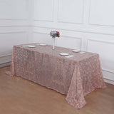 90x156inch Blush Rose Gold Sequin Leaf Embroidered Rectangular Tablecloth, Sheer Table Overlay