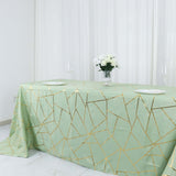 90Inchx132Inch Sage Green Rectangle Polyester Tablecloth With Gold Foil Geometric Pattern