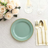 10-Pack Dusty Sage Green Plastic Dessert Plates – 8inch Round with Gold Beaded Rim, Disposable