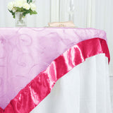 72" x 72" Fuchsia Satin Edge Embroidered Sheer Organza Square Table Overlay