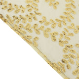 90x156inch Gold Sequin Leaf Embroidered Rectangular Tablecloth, Seamless Sheer Table Overlay