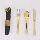 Set of 24 Gold Plastic Silverware with Pre-Rolled Black Paper Napkins