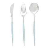 24 Pack | Silver 8Inch Modern Flatware Set, Heavy Duty Plastic Silverware With Baby Blue Handle