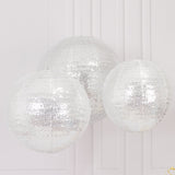 Set of 3 Glitter Silver Sequin Fabric Hanging Lanterns, Large Decorative Round Foldable