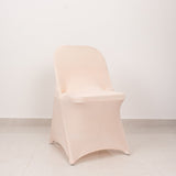 Blush Spandex Folding Chair Covers with Silver Rhinestone Buckled Sash Band