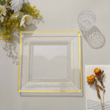 10 Pack - 10inch Gold Trim Clear Square Plastic Disposable Dinner Plates