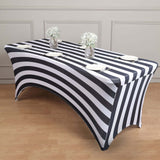 Black White Striped Stretch Spandex Rectangle Tablecloth 8ft Wrinkle Free Fitted Table Cover