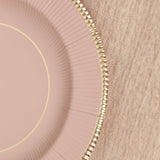 25-Pack Paper Round Dessert Plates in Dusty Rose Sunray Design with Gold Rim