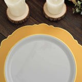 10 Pack | 10inch Gold / White Disposable Dinner Plates With Round Blossom Design With Gold Rim