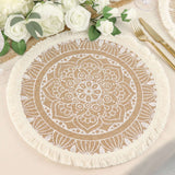 4 Pack | Natural 15inch Jute & White Mandala Print Fringe Placemats