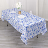 60"x102" White Blue Satin Rectangular Tablecloth in French Toile Floral Pattern, Wrinkle Resistant