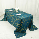 90x132inch Peacock Teal Rectangle Polyester Tablecloth With Gold Foil Geometric Pattern