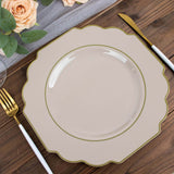 10 Pack | 11inch Taupe Heavy Duty Disposable Baroque Dinner Plates with Gold Rim