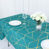 60"x102" Teal Rectangle Polyester Tablecloth With Gold Foil Geometric Pattern