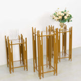 Set of 3 Gold Metal Plinths Cake Table Pedestal Stands With Square Acrylic Plates