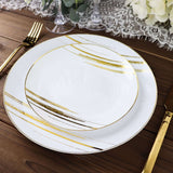 10 Pack | White & Gold Brush Stroked 7inch Round Plastic Dessert Plates