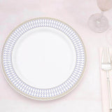 10 Pack White Renaissance Disposable Dinner Plates With Gold Navy Blue Chord Rim, Plastic Party