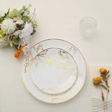 Set of 20 White Plastic Dinner Dessert Plates With Metallic Gold Floral Design, Disposable Round