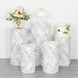 Set of 5 White Wave Mesh Cylinder Pedestal Stand Covers with Embroidered Sequins, Premium