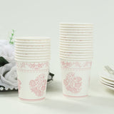 24 Pack White Pink French Toile Party Cups, Elegant Disposable Paper Cups - 9oz