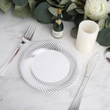 10 Pack | 6inch White / Silver Swirl Rim Disposable Salad Plates, Round Plastic Dessert Plates