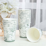 24 Pack White Sage Green French Toile Party Cups, Elegant Disposable Paper Cups