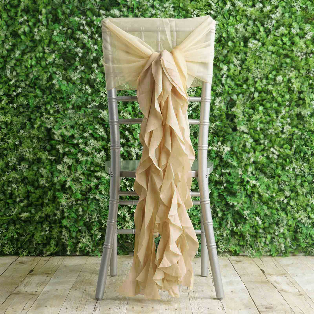 Ruffled Chiffon Chair Sashes Champagne | TableclothsFactory