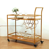 3ft Gold Metal 2-Tier Bar Cart Wine Rack With Wooden Serving Trays, Kitchen Trolley 5 Wine Bottles