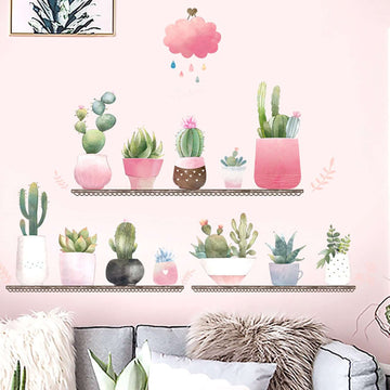 Succulent Potted Plants on Shelf Wall Decals, Peel and Stick Decor Stickers