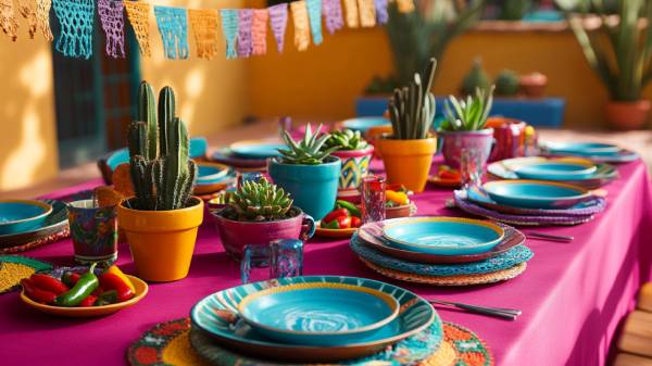 Colorful fiesta tablescape with cacti and turquoise plates